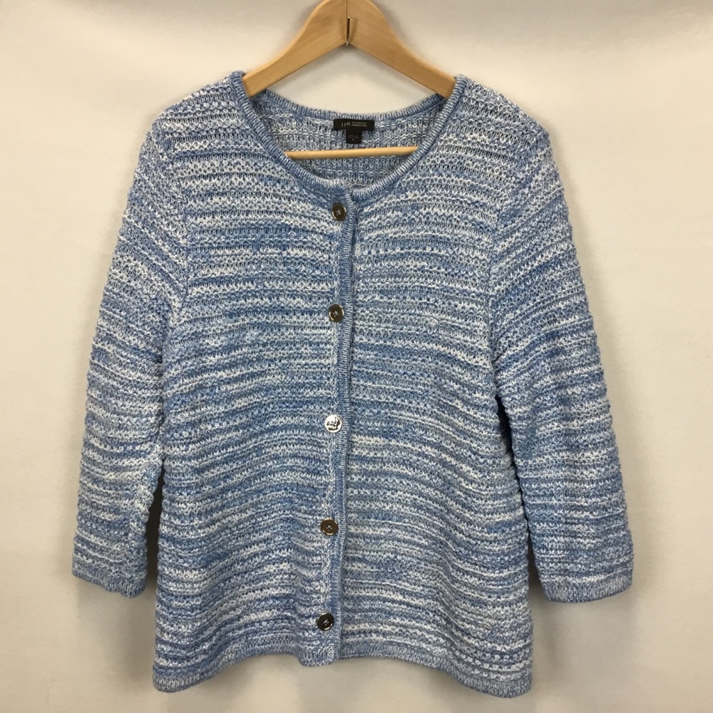J. Jill Wearever Collection Blue Marbled Knit Cardigan Sweater Cotton Size M